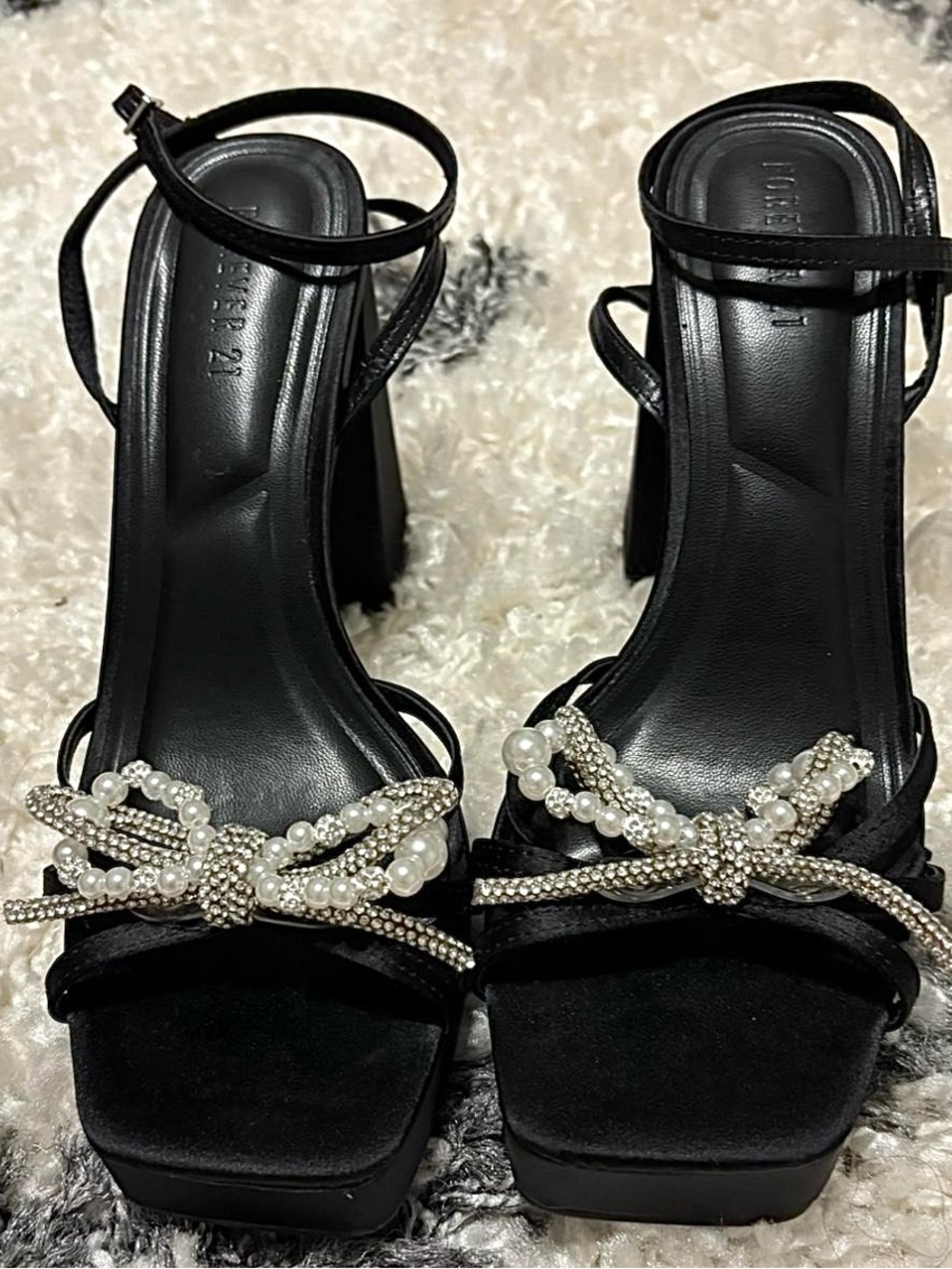 NEW Forever 21 Black Satin Platform Heels with Rhinestone Pearl Bow
